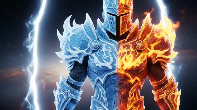 Epic Clash of Elements Fire and Ice Knight Showdown in a Fantasy Realm.