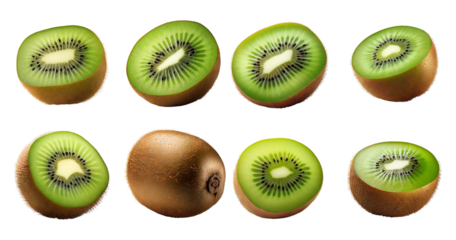 Fresh Green Kiwi Fruits Sliced on White Background with Whole Fruits, Bundle Set Collection, Isolated on Transparent Background