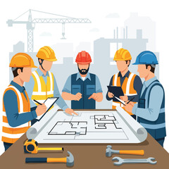 A team of construction workers wearing hard hats and safety vests reviews blueprints, planning a new building project with tools.