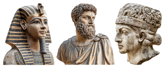 Ancient Egyptian and Greek Statues in Detailed, Realistic Style, isolated on transparent background