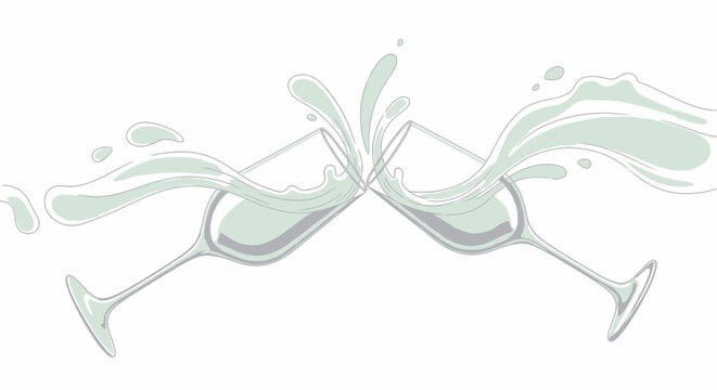 Two champagne glasses clinking together, creating a splash of liquid, isolated on a white background. Celebration concept.