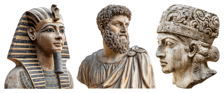 Ancient Egyptian and Greek Statues in Detailed, Realistic Style, isolated on transparent background