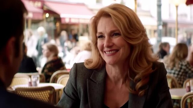 Smiling woman conversing in cafe, Parisian setting, blurred background of patrons and ambiance. Suitable for romance