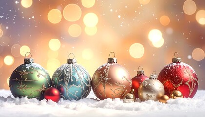 Ornate Christmas baubles nestled in soft snow with blurred bokeh lights creating a festive backdrop
