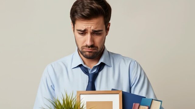 A man, crestfallen and dressed in business attire, carries a box of personal belongings