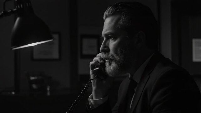 Man Speaking on Phone in Dark Office Business Call Monochrome
