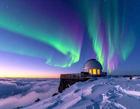 Aurora-tinted twilight with observatory dome