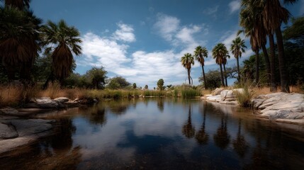 Obraz premium A serene desert oasis with a tranquil pond reflecting palm trees under a bright blue sky