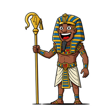 Smiling cartoon Egyptian Pharaoh in royal regalia holding a golden scepter on an isolated white background.