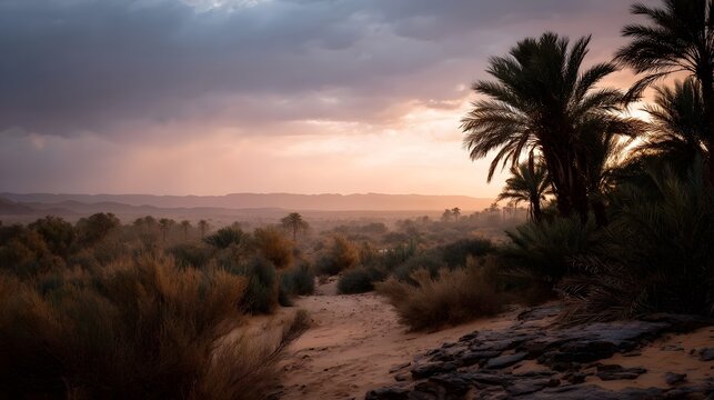 Desert oasis at sunset with palm trees vegetation and dramatic clouds