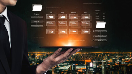 Project management system showing workflow stages, task progress, and review status. Task progress...