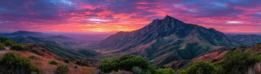 Breathtaking sunrise over green mountains showcasing vibrant colors concept. Vibrant sunset over majestic mountains and rolling hills.