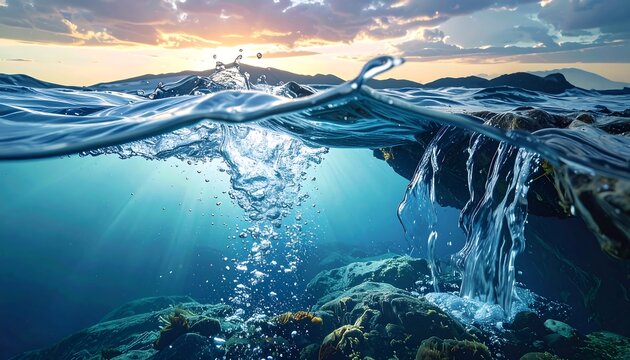 A split-level underwater view featuring sparkling water, sunlight, rocks, a cloudy sky, and distant land masses