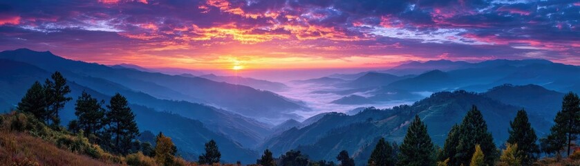 Obraz premium Breathtaking sunrise over green mountains showcasing vibrant colors concept. Breathtaking sunset over misty mountains and forested valleys.