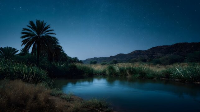 A mystical desert oasis under a clear night sky with silhouettes of palm trees and lush vegetation surrounding a tranquil body of water - Powered by Adobe