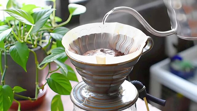 Pour-over coffee brewing process with gooseneck kettle.