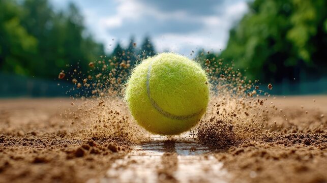 Tennis ball hitting the line on a clay court concept. Dynamic tennis ball bouncing on dirt court with exciting motion.