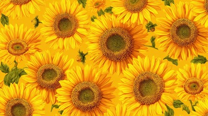 Vibrant sunflowers bloom in various stages, showcasing their rich yellow petals and textured centers. The bright yellow background enhances the joyful atmosphere, creating a lively floral display.