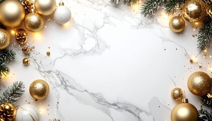 Elegant Festive Christmas Composition with Golden Ornaments and Twinkling Lights on a White Marble Background, Ideal for Holiday Season Greetings