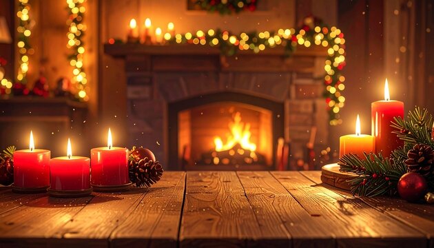 Warm Christmas Eve Scene Cozy Fireplace and Lit Candles for Holiday Cheer and Festive Ambiance
