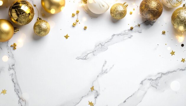 Festive holiday background with elegant golden Christmas baubles, star confetti, and bokeh lights on a white marble texture with copy space