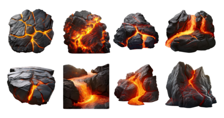 Volcanic Rocks with Lava Flow Erupting from Cracks and Crevices, PNG bundle collection, Isolated on Transparent Background