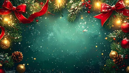 Festive Holiday Background with Ornaments and Evergreen Branches