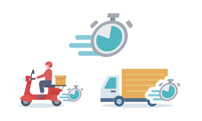クイックサービスを表すストップウォッチとデリバリーバイク・トラックのアイコン
