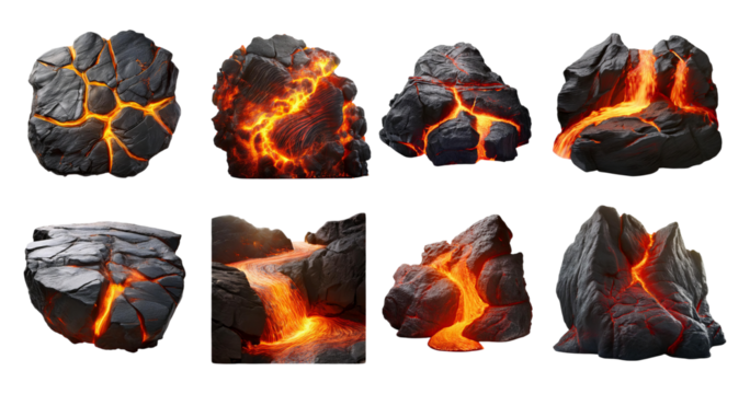 Volcanic Rocks with Lava Flow Erupting from Cracks and Crevices, PNG bundle collection, Isolated on Transparent Background