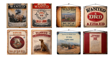 Vintage Wanted Posters Featuring Unique Designs and Textures, isolated on transparent background