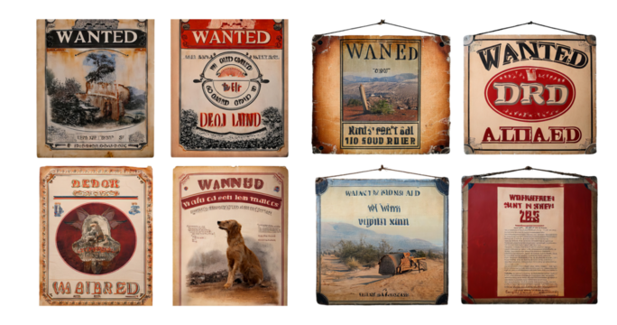 Vintage Wanted Posters Featuring Unique Designs and Textures, isolated on transparent background