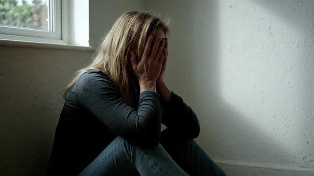 Despairing Woman With Head In Hands Sits Against Wall Near Window In Dim Light Wearing Gray Long Sleeve Shirt and Blue Jeans for Depression Anxiety Mental Health Awareness and Suicide Prevention