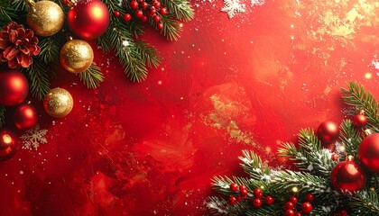 Festive holiday background featuring evergreen fir branches decorated with shiny red and gold baubles on a sparkling red backdrop with copy space