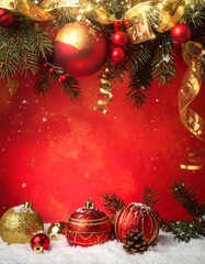 Elegant red background with sparkling golden ribbons, festive red and gold ornaments, green pine branches, and snow, perfect for holiday greetings and winter celebrations