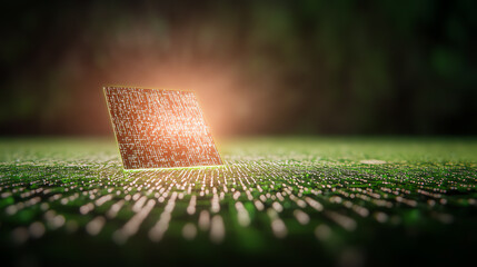 A close-up of a glowing microchip on a circuit board, showcasing advanced technology and innovation in digital devices.