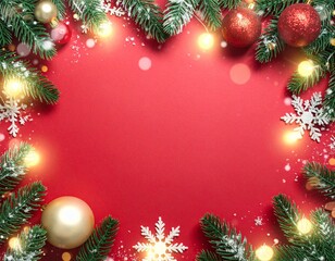 Festive Christmas frame with fir branches, red and gold baubles, snowflakes, and warm lights on a red paper background with copy space
