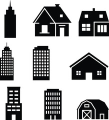 Set of modern building and house silhouettes, black and white architecture icons, urban city design, residential, commercial, and industrial structures