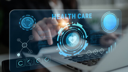 Digital health care technology and medical data dashboard concept. An interface for patient information, diagnostics, and monitoring health records. Motif