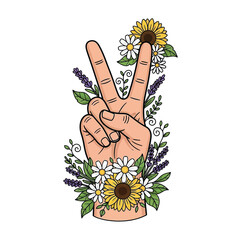 Flat illustration of hand sign with Flowers Accent