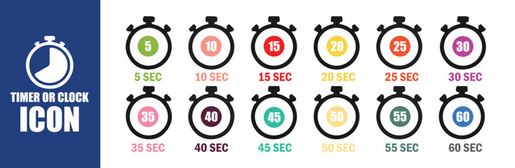 Set of Colorful Stopwatches and Timers, Countdown Clock Icons from 5 to 60 Seconds
