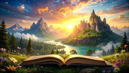 Open book on grass, fantastical landscape mountains, river, clouds, and a whimsical castle under a bright sunset