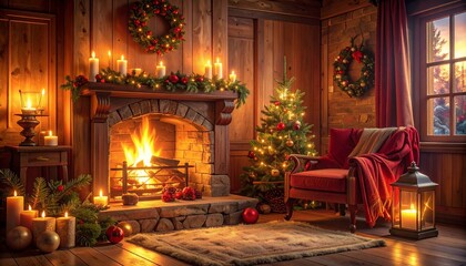 Cozy Christmas living room with a roaring fireplace, decorated Christmas tree, and warm ambient lighting creating a festive holiday atmosphere
