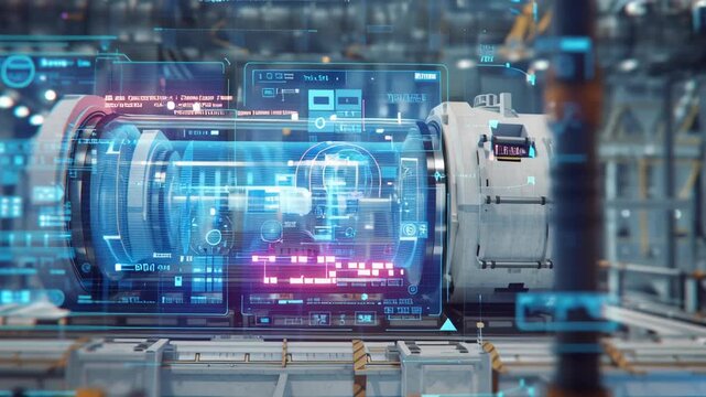 Macro composition of industrial grade energy cell inspected by predictive AI holographic UI, future engineering atmosphere, ai optimized energy storage