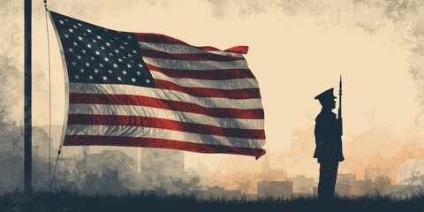 American flag waves proudly beside soldier standing guard at sunset