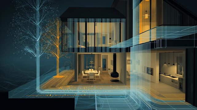 A house with a fireplace and a tree in the background. Macro neural decision map controlling water + energy usage inside remote smart home, soft minimal future visual, off grid smart home