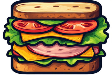 Cartoon illustration of a sandwich with ham, cheese, lettuce, and tomato between two slices of bread.
