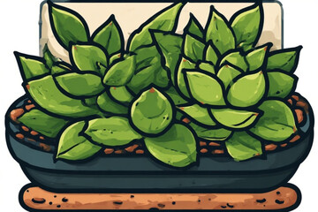 Illustration of a succulent plant in a dark pot filled with soil, resting on a wooden base.