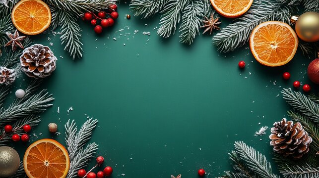 Vibrant Christmas border featuring frosted pine branches, juicy oranges, festive berries, pinecones, and sparkling ornaments on a deep green background