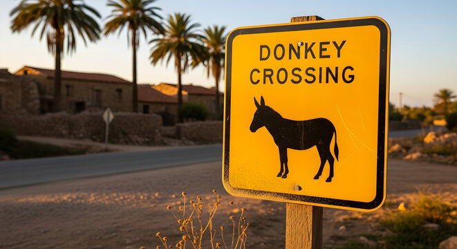 Donkey Crossing Sign in Desert Landscape with Palm Trees.