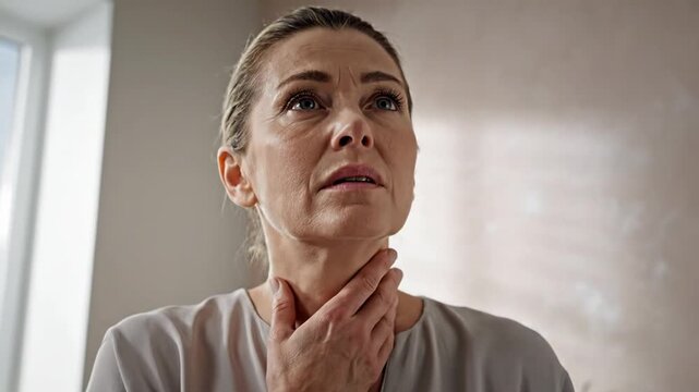 Mature Woman Experiencing Thyroid Discomfort with Hand on Neck against Soft Wall Background with Natural Window Light and Subtle Shadows Highlighting Visible Emotional Strain and Painful Expression